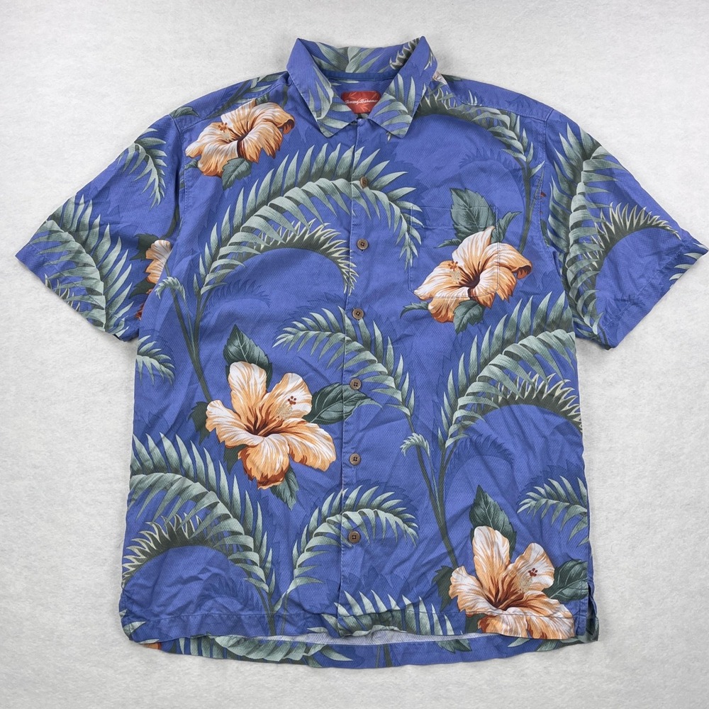 Tommy Bahama Mens Blue Silk Hibiscus Palm Tropical Short Sleeve Button Shirt L